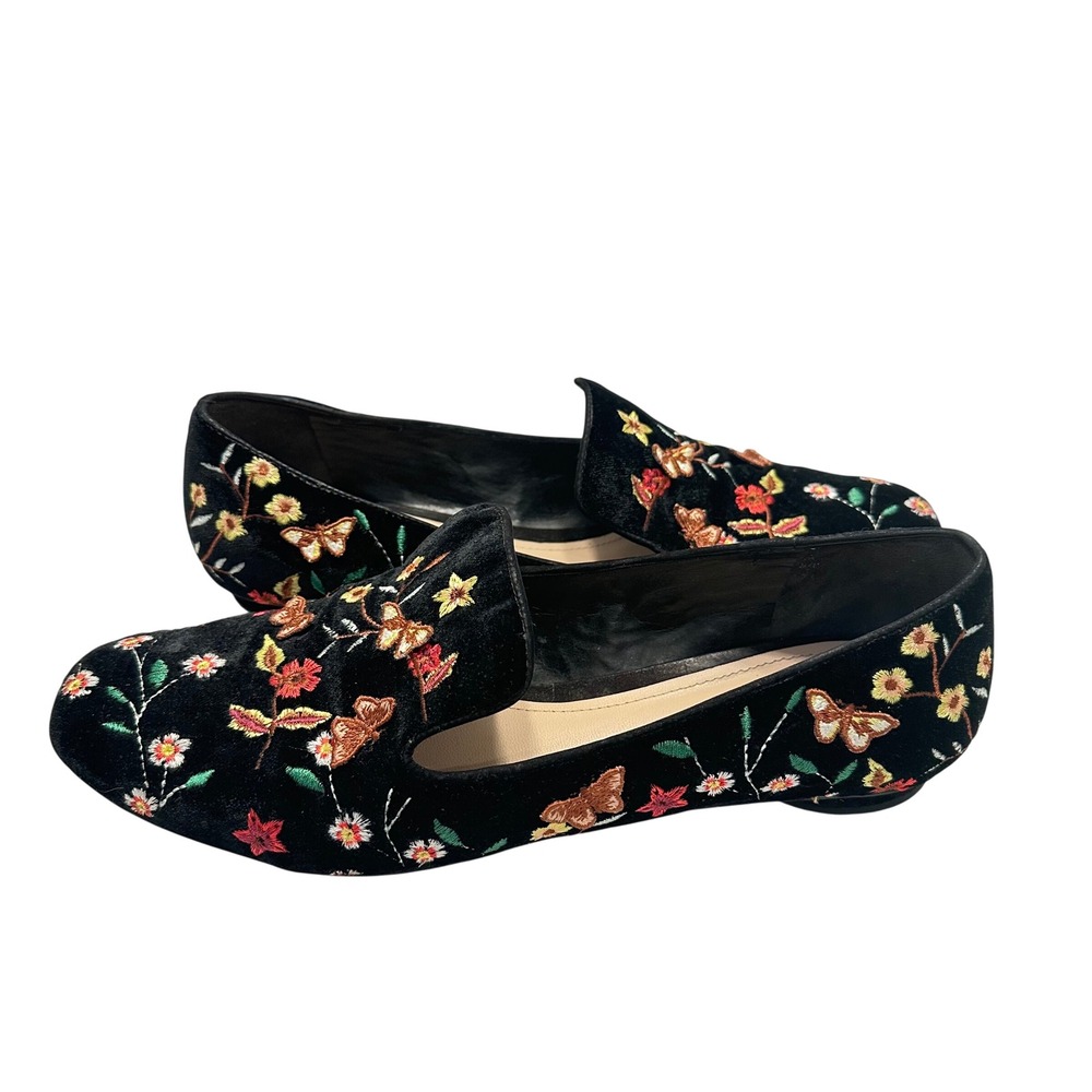 Schutz Black Velvet Floral Butterfly Embroidered Loafers Smoking Slippers Sz 9.5